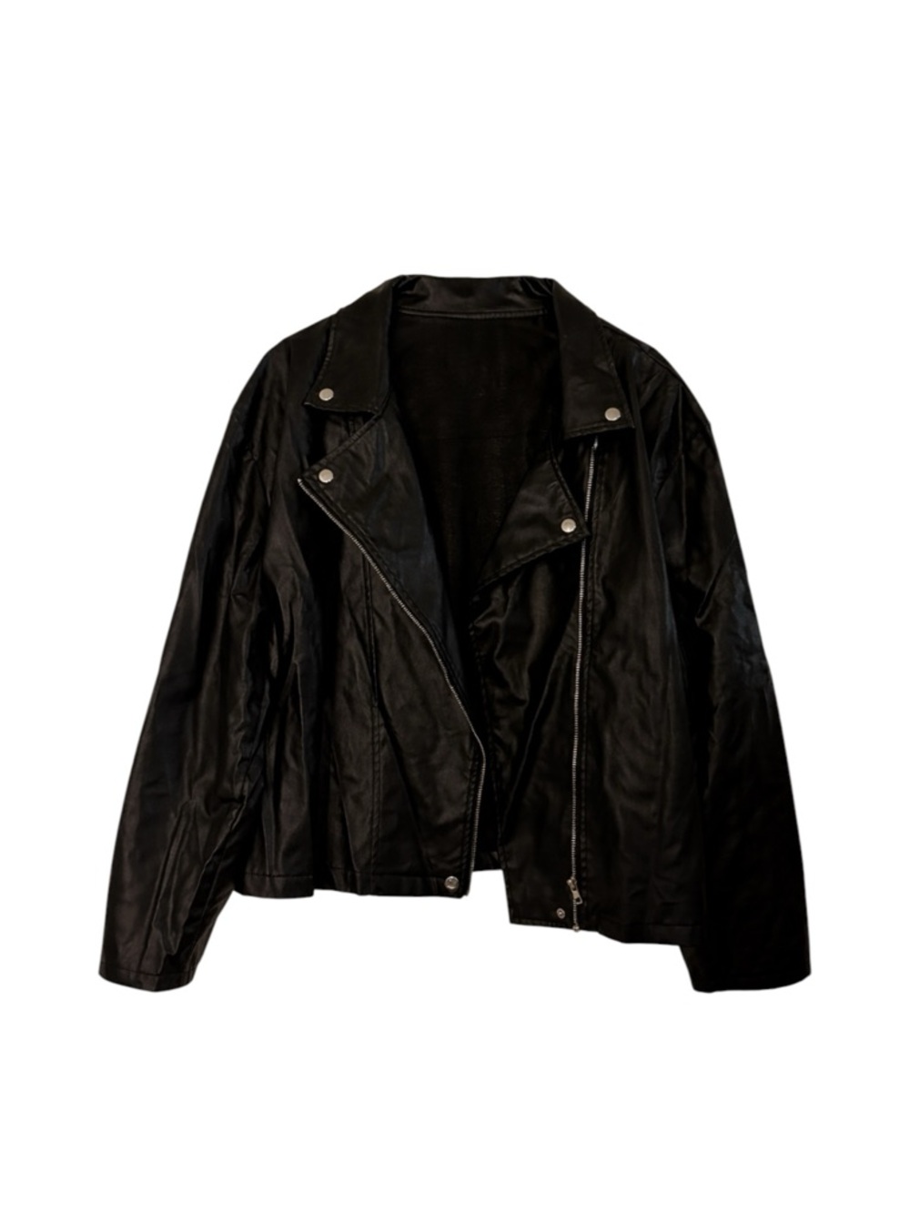 Oversized Black Faux Leather Moto Jacket - Women